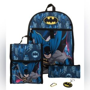 Batman 5 Pc Backpack, lunch bag, utility case, carabiner, rubber keychain dangle